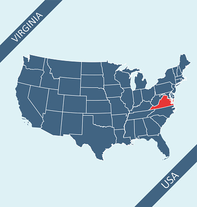 Highly detailed map of United States of America with highlighted state of Virginia for web banner, mobile app, and educational use. The map is accurately prepared by a map expert.