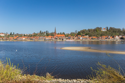 View over historic city Lauenburg from across the river Elbe
