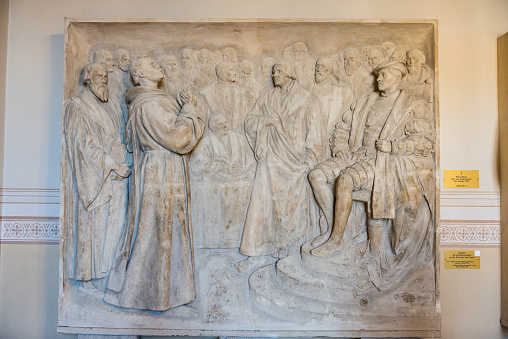 Bas-relief representing Martin Luther on the wall inside of the Berlin Cathedral, Evangelical Supreme Parish and Collegiate Church in Berlin, Germany.