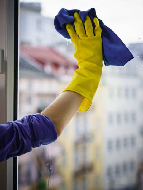 istock Person using cloth to clean window glass 1252394272