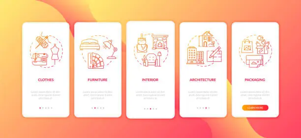 Vector illustration of Designer work onboarding mobile app page screen with concepts set. Artist order. Decoration process walkthrough 5 steps graphic instructions. UI vector template with RGB color illustrations