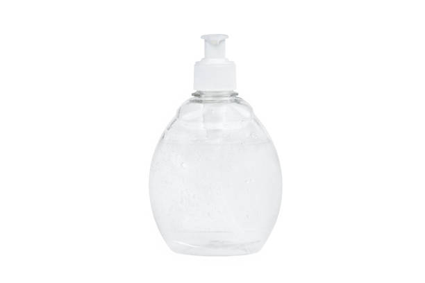 istock Plastic bottle with antibacterial liquid soap and air bubbles isolated on white. 1252400396