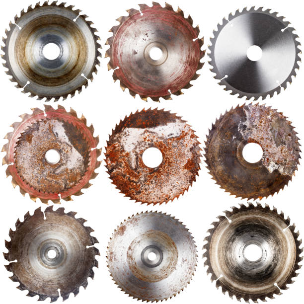 set of circular saw blades - wood circular saw dirty old imagens e fotografias de stock