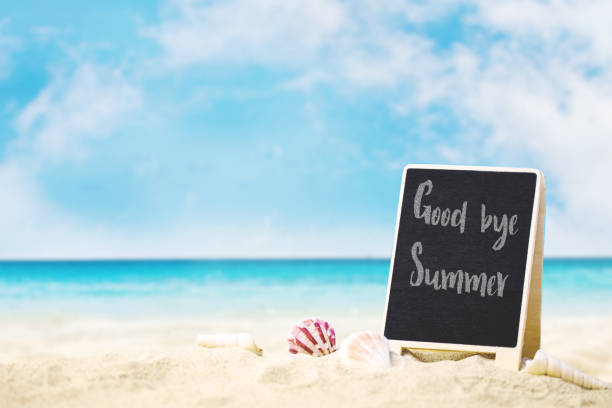 istock Goodbye Summer text blackboard on the beach with blue sea and clear sky 1252404473