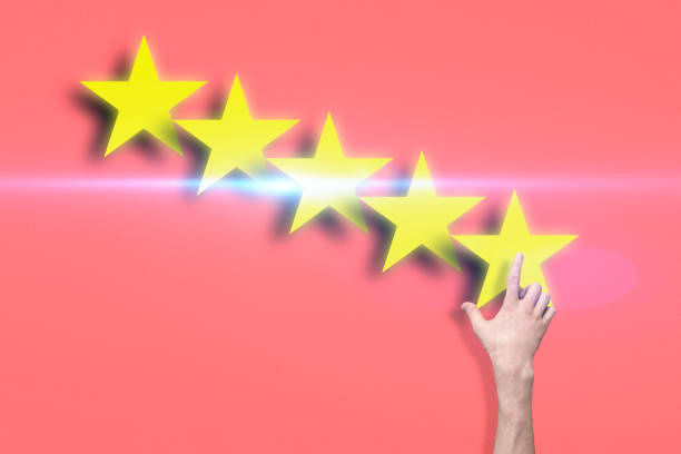 istock finger hand gives the five star raiting, user satisfaction concept 1252404798