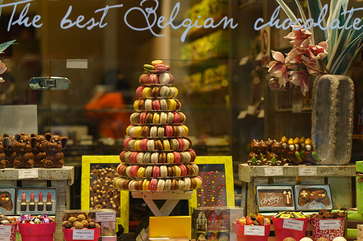 Brussels, Belgium - June 5, 2019: Showcase of sweets shop. Many various  tasty cockies. Touristic concept. Summer day.