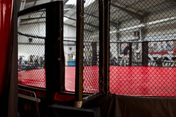 Side view of empty mma arena under lights