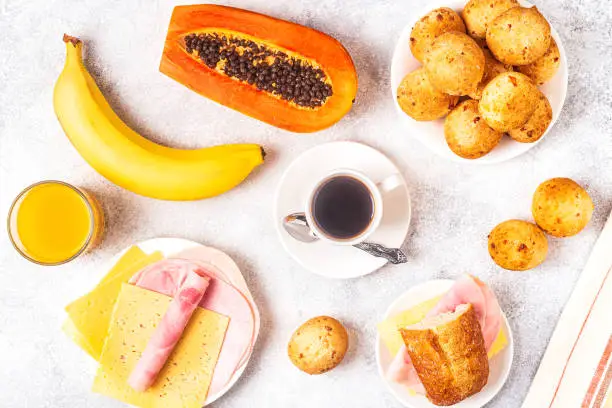 Photo of Traditional Brazilian breakfast - cheese bread, coffee, ripe fruit, top view