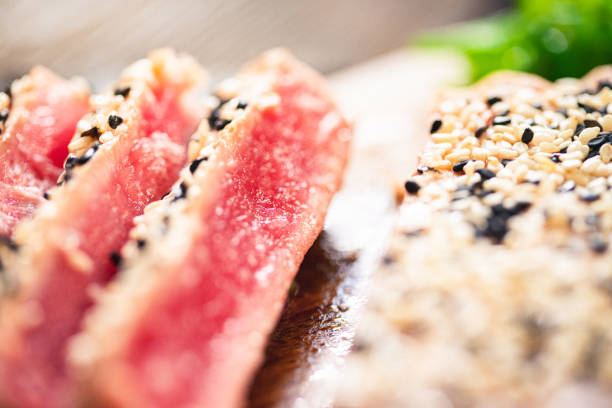 Grilled Raw Tuna Steak with ingredients ready to eat