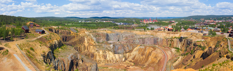 Panoramic view of the old copper mine area in the city of Falun, Sweden. The mine has a long history and is now a UNESCO world heritage site.