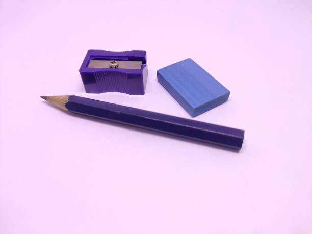 istock blue pencil with sharpner and eraser isolated in white background 1252408880