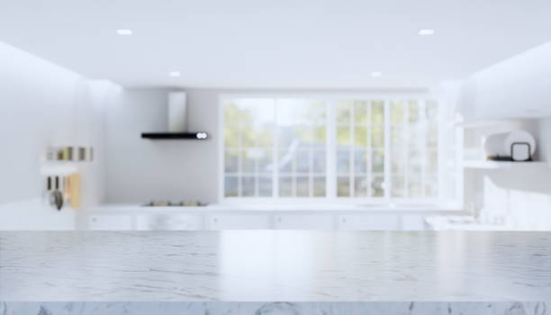 istock 3d rendering of marble counter product display with kitchen blurred background. 1252409062