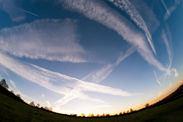 View Of The Sky Showing Vapor Trails Left By Airplanes View Of The Sky Showing Vapor Trails Left By Airplanes vapor trail photos stock pictures, royalty-free photos & images