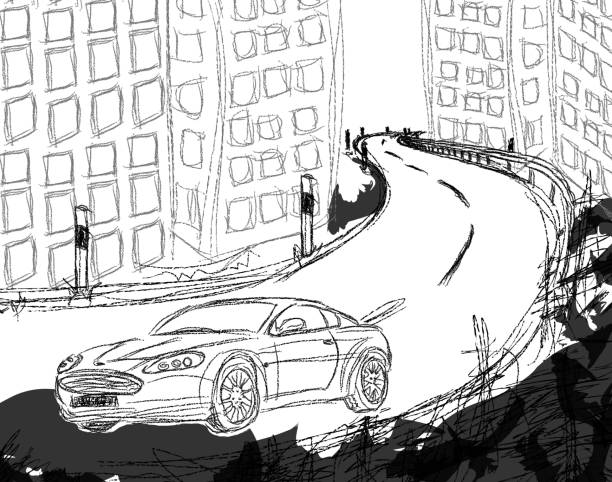 car sketch sports drawing ubrban coal pencil ink brush motor tire road lawn driving city pimp stock illustrations
