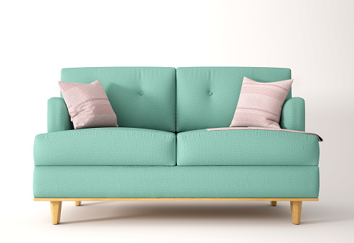 Green sofa on white background with plaid and pillow, 3d rendering