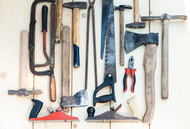 istock Set of vintage well used hand construction tools for handyman 1252416024