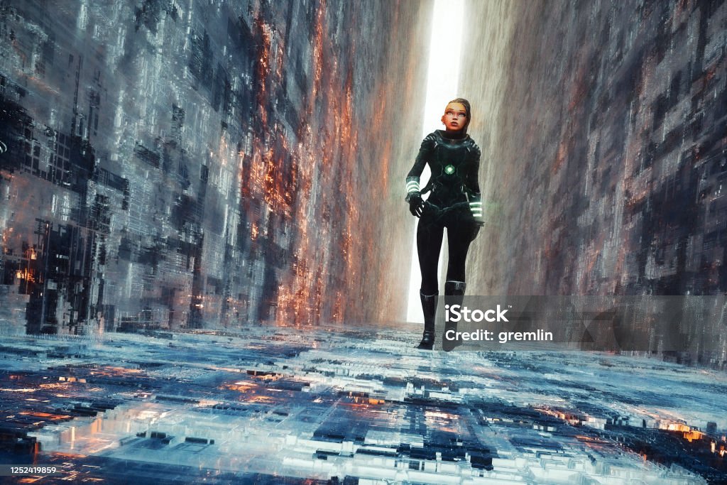 Woman walking in futuristic narrow street Woman walking in futuristic narrow street, 3D generated image. Video Game Stock Photo