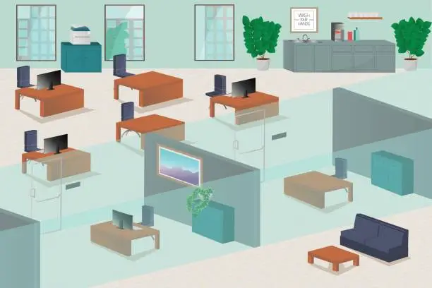 Vector illustration of Shared office workspace with partitions