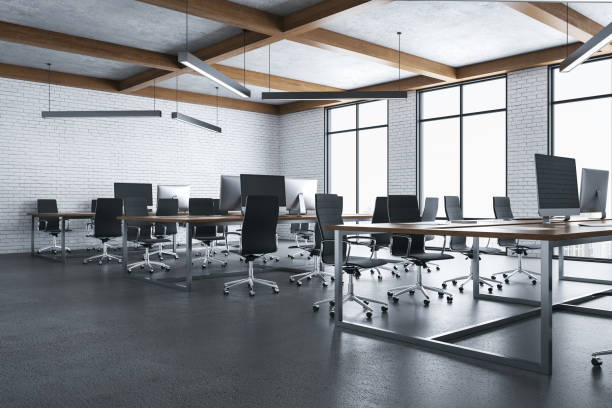 istock Luxury office room with computers and megapolis city view. 1252421744