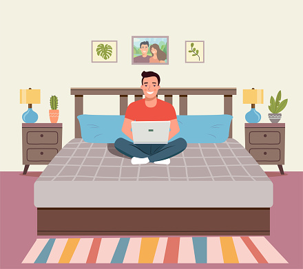 Man sitting on the couch with notebook. Interior space bedroom. Vector flat illustration