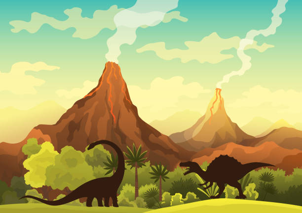 先史時代の風景 - 煙、山、恐竜や緑の植生と火山。美しい先史時代の風景と恐竜のベクトルイラスト - prehistoric era点のイラスト素材／クリップアート素材／マンガ素材／アイコン素材