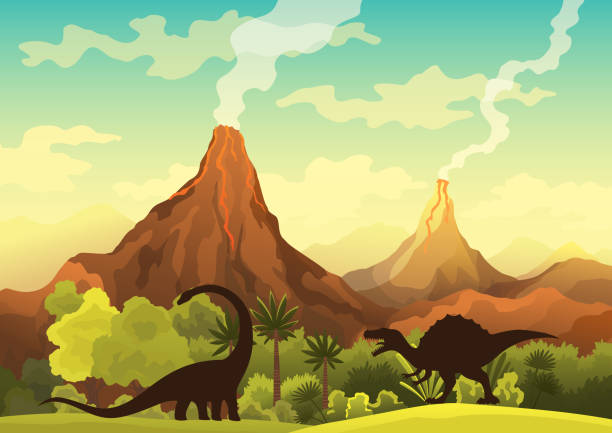 Prehistoric landscape - volcano with smoke, mountains, dinosaurs and green vegetation. Vector illustration of beautiful prehistoric landscape and dinosaurs Prehistoric landscape - volcano with smoke, mountains, dinosaurs and green vegetation. Vector illustration of beautiful prehistoric landscape and dinosaurs. prehistoric era stock illustrations