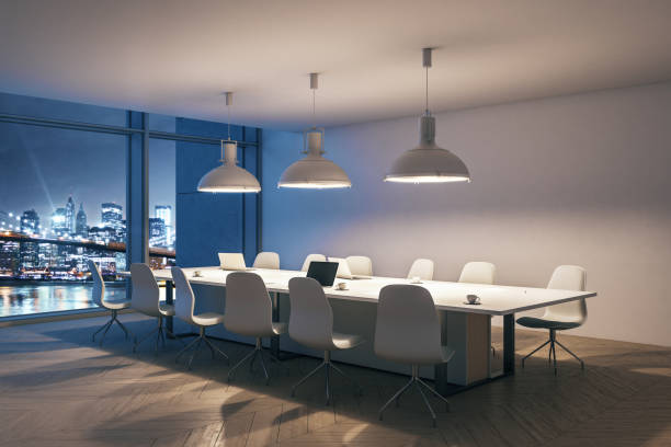 istock Modern night meeting interior with city view 1252421986