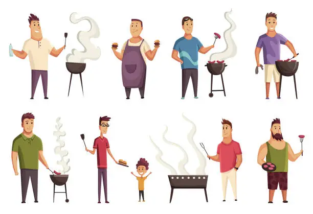 Vector illustration of Set of character BBQ party. Mans with a barbecue grill. Picnic with steak and sausages. Happy smiling mans character cooking a barbecue grill