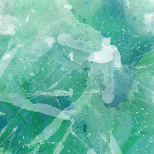 Blue green and white watercolor background illustration with paint spatter blotches and drips and watercolor wash texture design, blue green color splash layout stock photo
