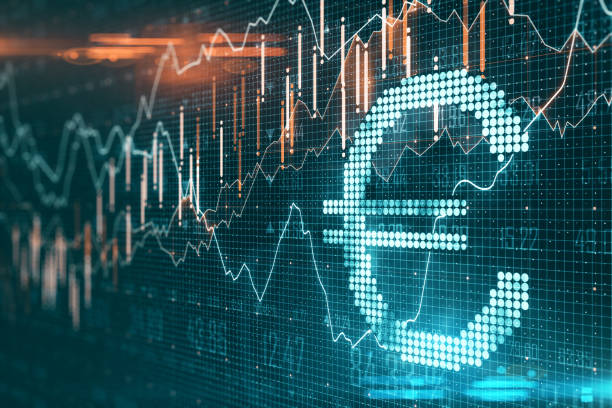 icono creativo del euro con un gráfico de acciones brillante - símbolo de moneda de la comunidad europea fotografías e imágenes de stock