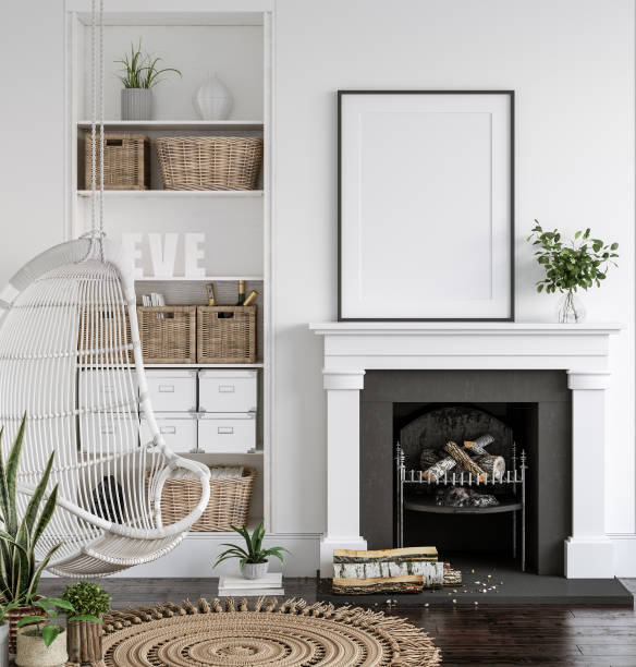 istock Frame mockup with plants standing on fireplace, white living room interior 1252442638