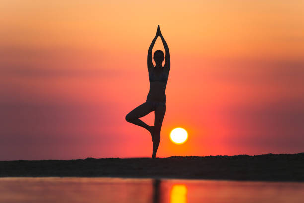 istock Vrikshasana tree pose from yoga by woman silhouette on sunset 1252445265