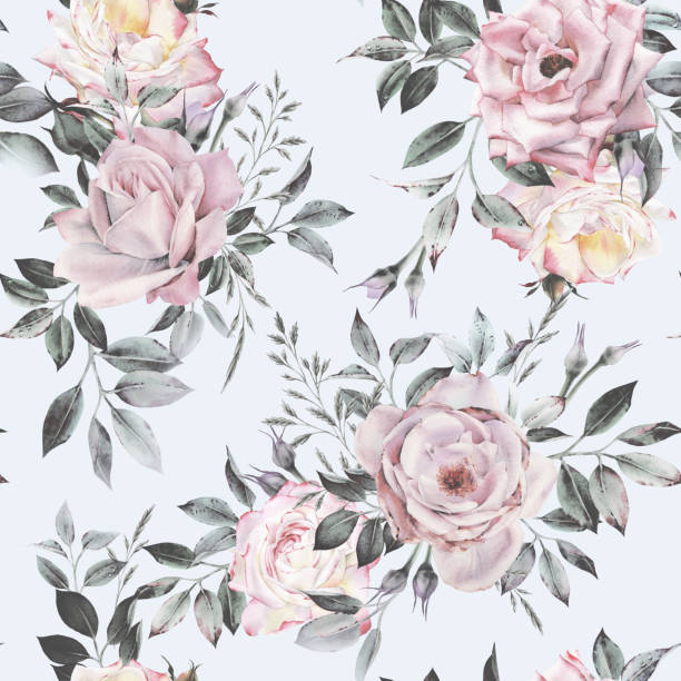 ilustrações de stock, clip art, desenhos animados e ícones de seamless floral pattern with flowers on dark background, watercolor. template design for textiles, interior, clothes, wallpaper. botanical art - bouquet rose peony rosé