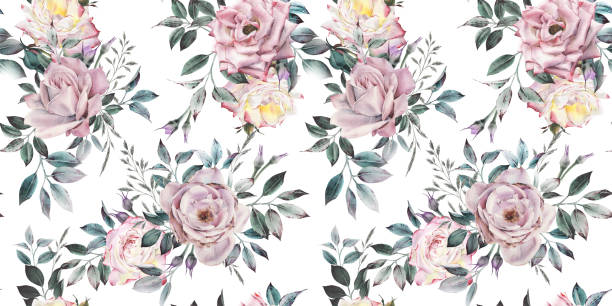 illustrazioni stock, clip art, cartoni animati e icone di tendenza di motivo floreale senza cuciture con fiori su sfondo scuro, acquerello. design del modello per tessuti, interni, vestiti, carta da parati. arte botanica - bouquet rose peony rosé