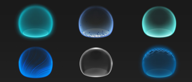 Force shield bubbles, various energy glowing spheres or defense dome fields. Science fiction deflector elements, firewall absolute protection isolated on black background, Realistic 3d vector set