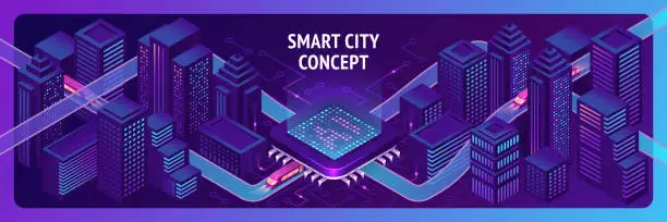 Vector illustration of Smart city isometric banner with trains or subways