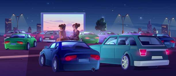 Girls at car cinema, friends in drive-in theater Girls at car cinema. Couple of friends in drive-in theater with automobiles stand in open air city parking at night. Women sit on auto roof watching movie, eating popcorn, Cartoon vector illustration woman driving car night stock illustrations