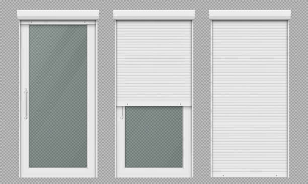 illustrations, cliparts, dessins animés et icônes de porte en verre avec obturateur de roulement blanc - store facade window display outdoors