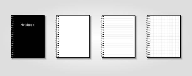 творческая векторная иллюстрация реалистичных блокнотов выстроились и точек бумажной страницы изолированы на прозрачном фоне - note pad book spiral notebook ring binder stock illustrations