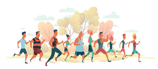 illustrations, cliparts, dessins animés et icônes de hommes et femmes courant la course de marathon sur le paysage de nature. groupe de personnes habillées dans des vêtements de sport. les participants à l’épreuve d’athlétisme tentent de se dépasser les uns les autres - marathon running motion track event