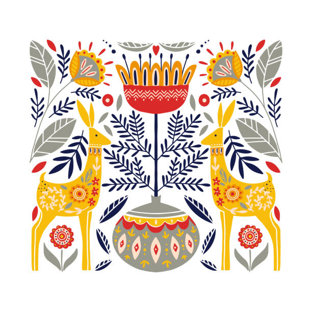 라마, 꽃병, 꽃, 스칸디나비아 디자인, 꽃 구성민속 미술 라운드 장식 - 5428 stock illustrations