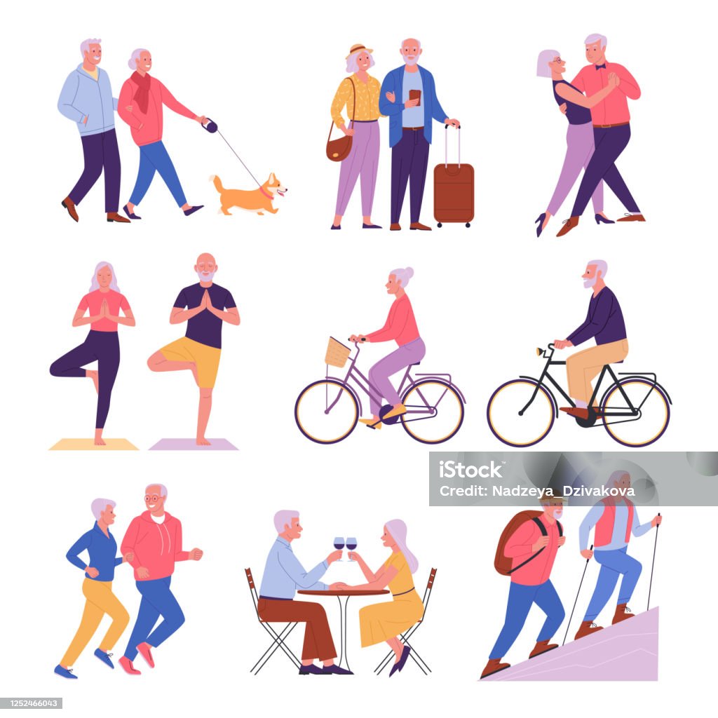 Seniors activities. Vector collection of elderly couples during a healthy and active retire. Isolated on white Senior Adult stock vector