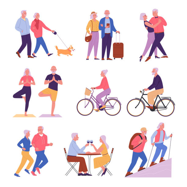 Seniors activities. Vector collection of elderly couples during a healthy and active retire. Isolated on white recreational pursuit illustrations stock illustrations