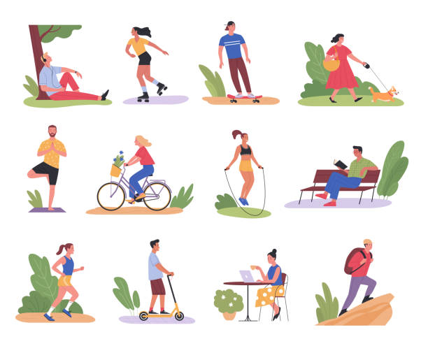 Alone at the fresh air. Vector collection of diverse cartoon people spending time outdoors alone. Isolated on white recreational pursuit illustrations stock illustrations