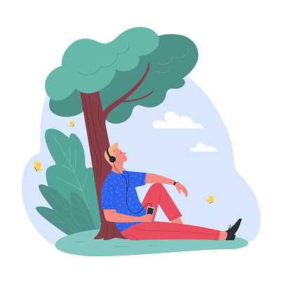 Vector illustration of young cartoon blond man sitting under the tree in a park and listening music. Isolated on white
