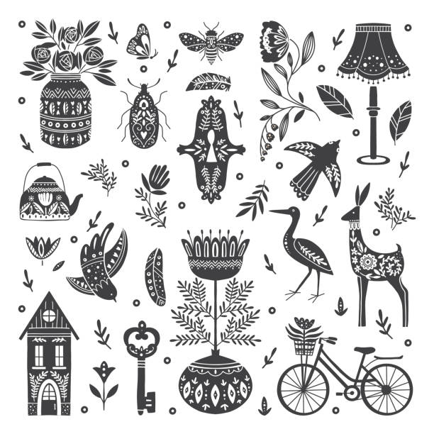 ilustraciones, imágenes clip art, dibujos animados e iconos de stock de conjunto de imágenes prediseñadas de arte popular en estilo escandinavo y nórdico - traditional culture heron bird animal