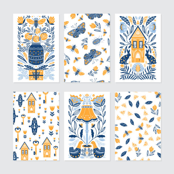 Set of greeting cards in Scandinavian, Nordic and Folk art style Vector set of greeting cards in Scandinavian, Nordic and Folk art style with Hygge elements scandinavian stock illustrations