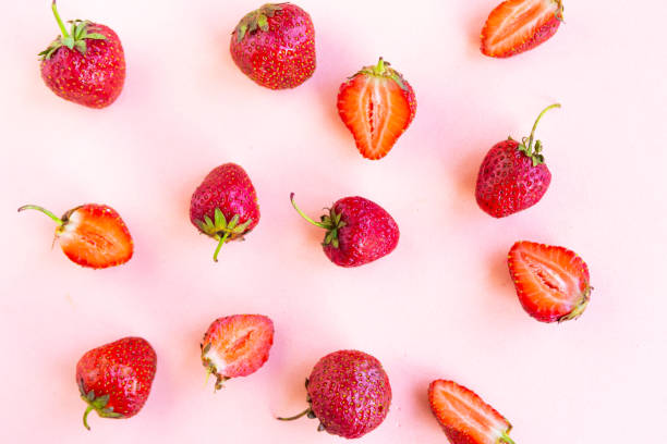 istock Fresh strawberry pattern on pastel pink background, top view, minimal concept 1252475054