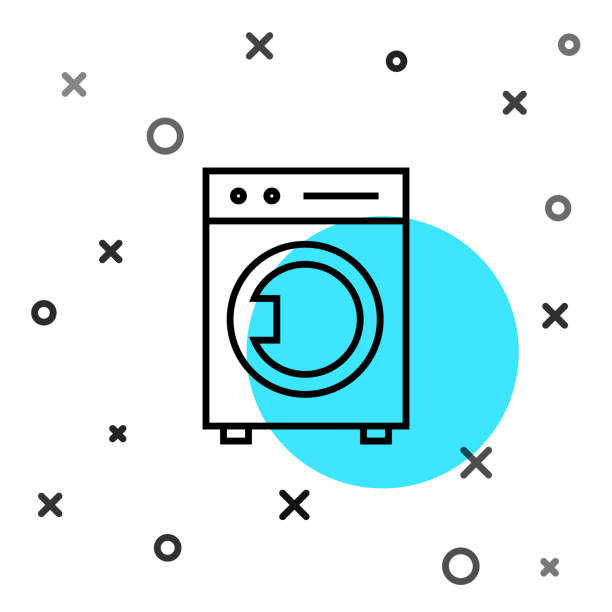 siyah çizgi yıkar simgesi beyaz arka planda yalıtılmış. çamaşır makinesi simgesi. çamaşır makinesi- çamaşır makinesi. ev aletleri sembolü. rastgele dinamik şekiller. vektör i̇llüstrasyonu - washing machine stock illustrations