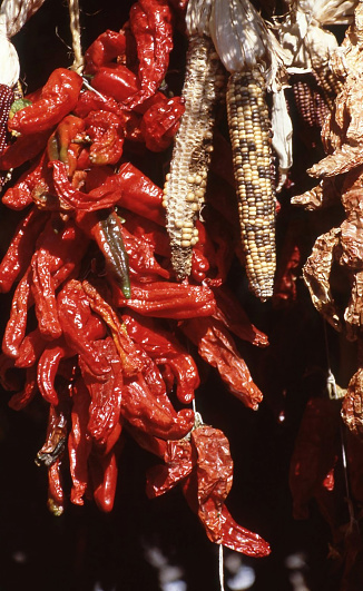 Colorful dried corn hangs next to vivid red chile ristras - - those traditional strings of peppers lucky cooks can purchase at farmer's markets in New Mexico for good luck, good taste, and good health.